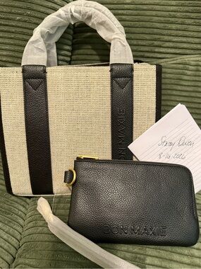 Bon Maxie Black & grey leather & Jute Canvas Tote with Leather Wrist Pouch